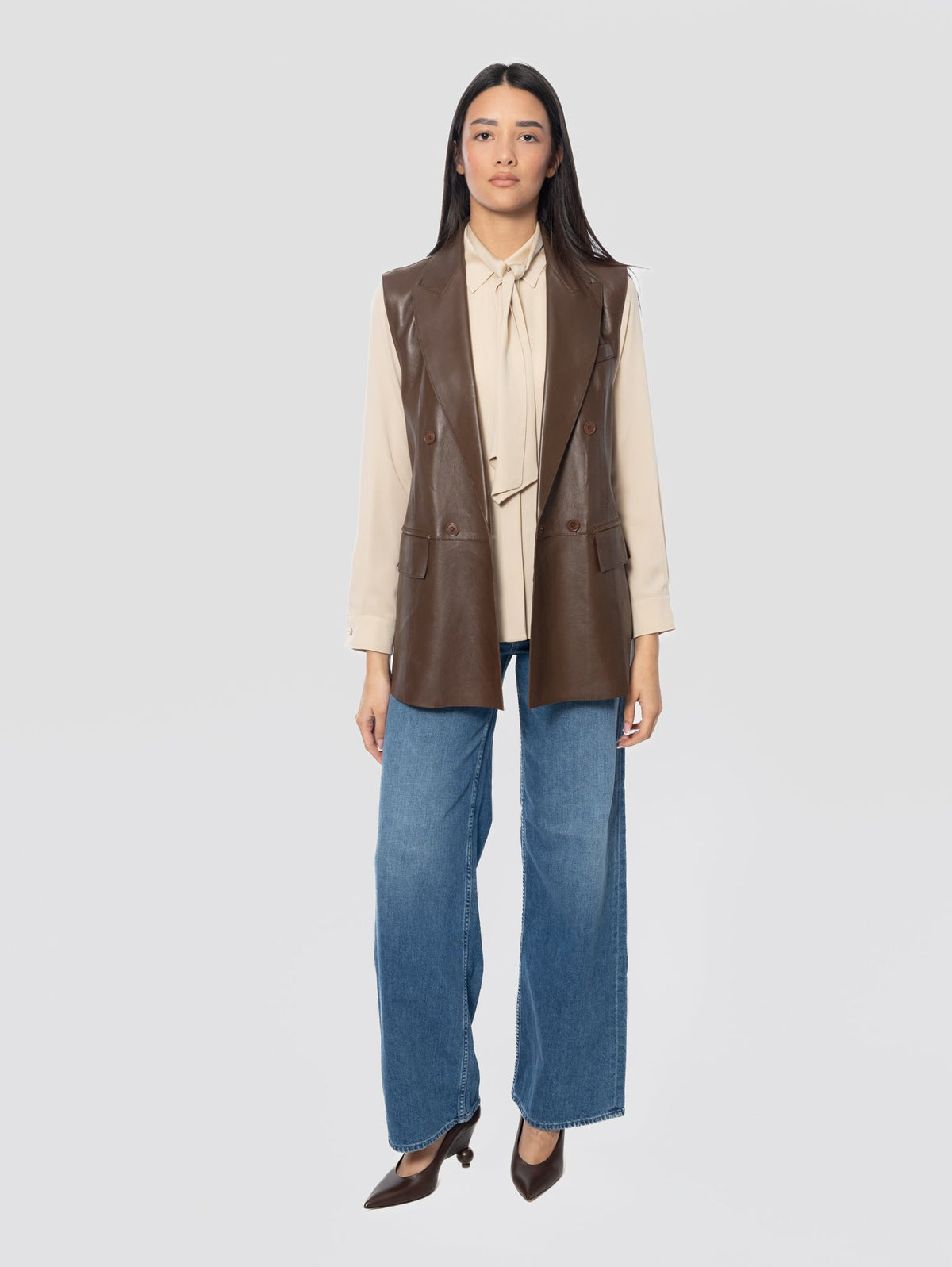 2026 New Arrival Gilet in Pelle Doppiopetto Marrone