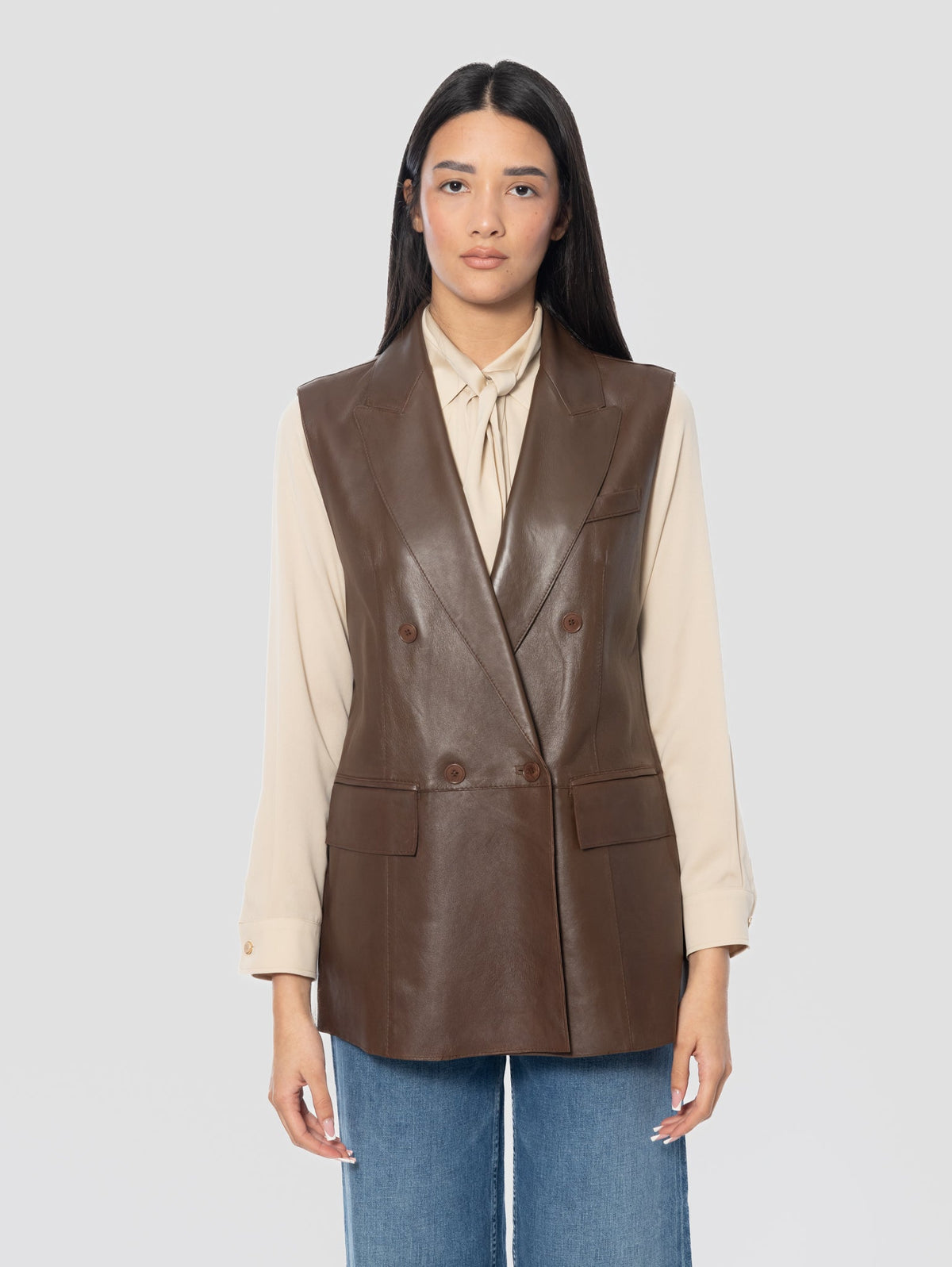 2026 New Arrival Gilet in Pelle Doppiopetto Marrone