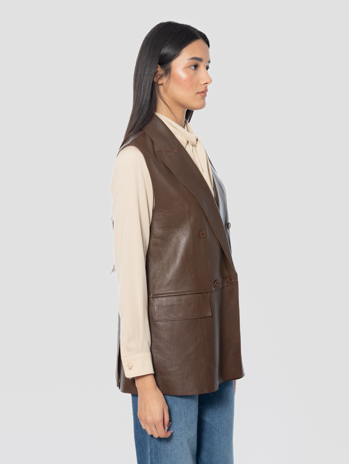 2026 New Arrival Gilet in Pelle Doppiopetto Marrone