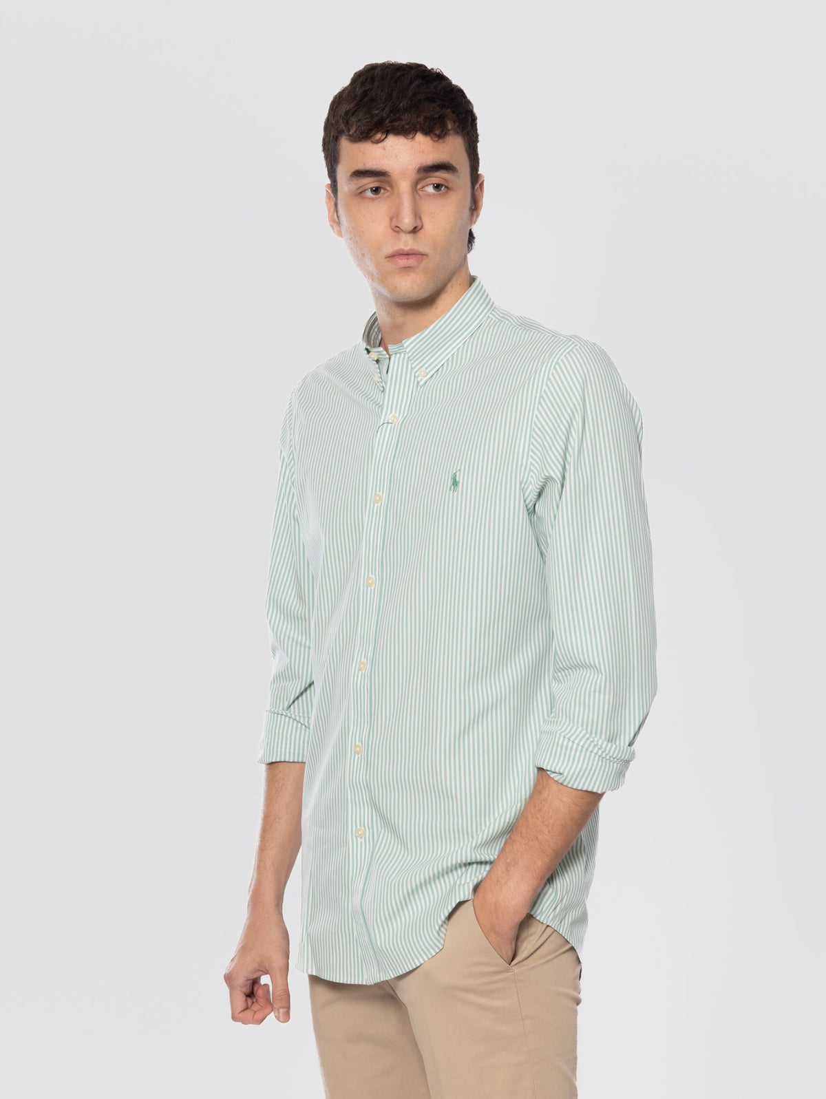 2026 New Arrival Camicia in Popeline Stretch a Righe Verde/Bianco