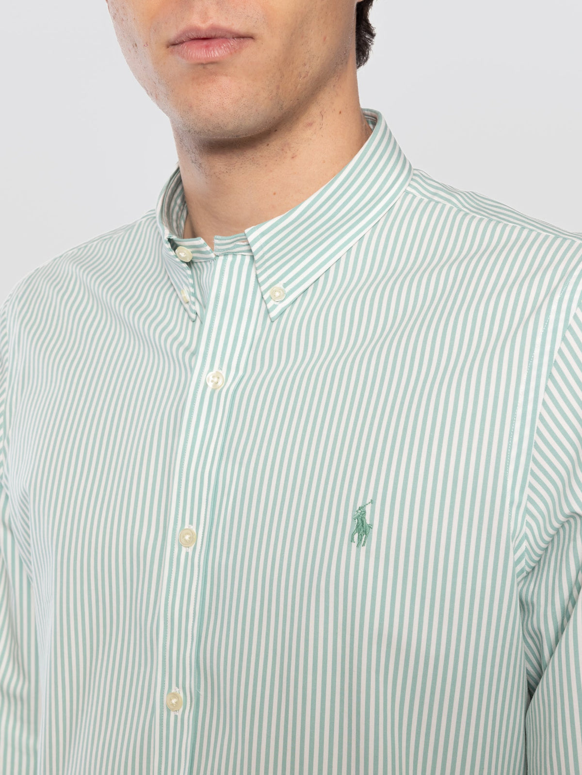 2026 New Arrival Camicia in Popeline Stretch a Righe Verde/Bianco