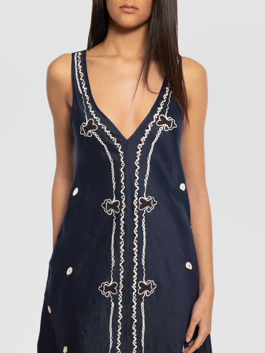 2026 New Arrival Abito Lungo in Lino con Ricami Blu