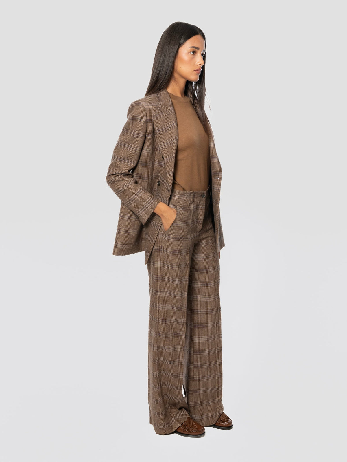 2026 New Arrival Pantaloni Gamba Dritta in Principe di Galles Marrone