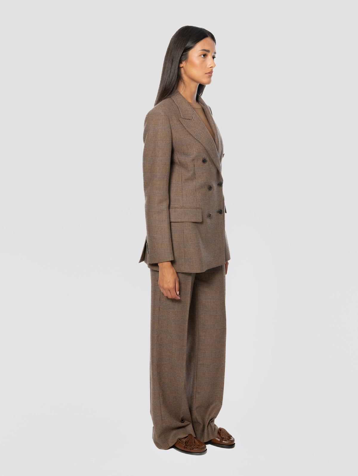 2026 New Arrival Giacca Oversize Doppiopetto in Misto Lana Principe di Galles Marrone