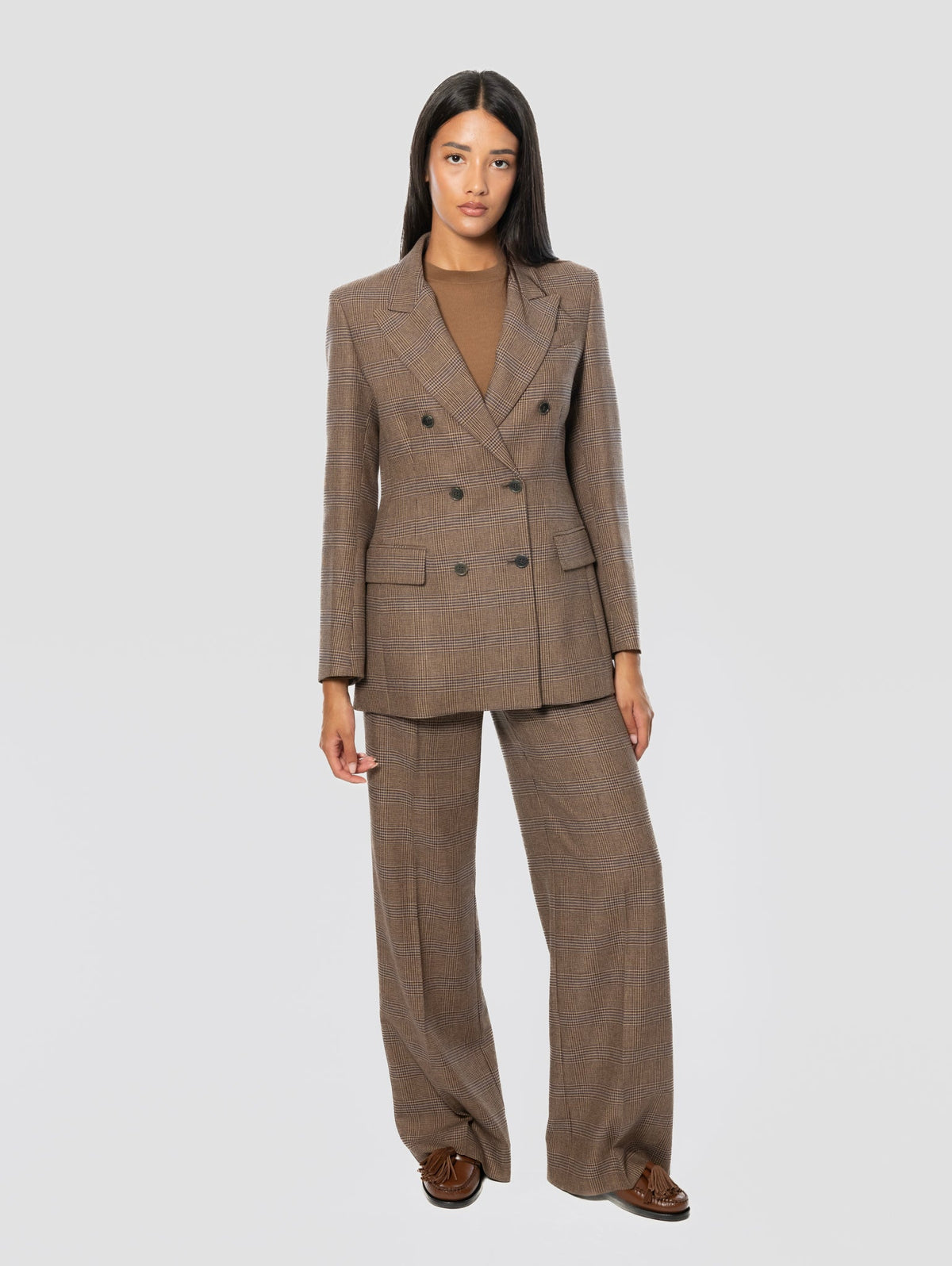 2026 New Arrival Giacca Oversize Doppiopetto in Misto Lana Principe di Galles Marrone