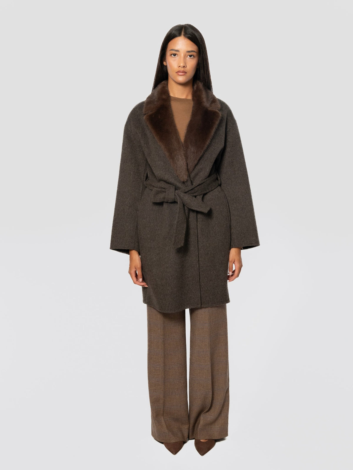 2026 New Arrival Cappotto con Cintura in Lana Marrone