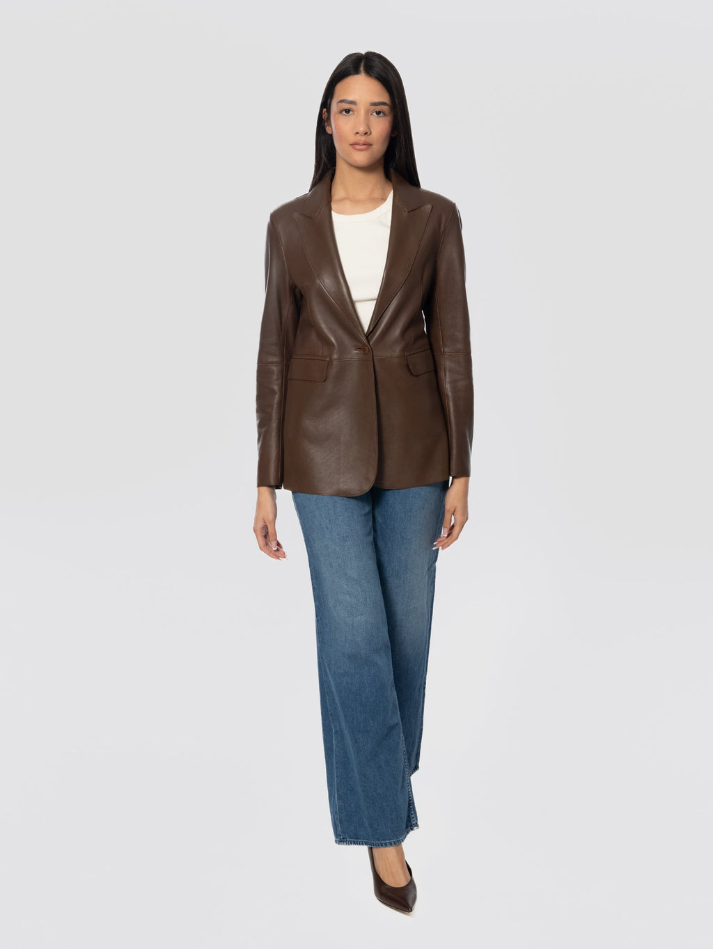 2026 New Arrival Giacca Blazer Mono Bottone in Pelle Marrone