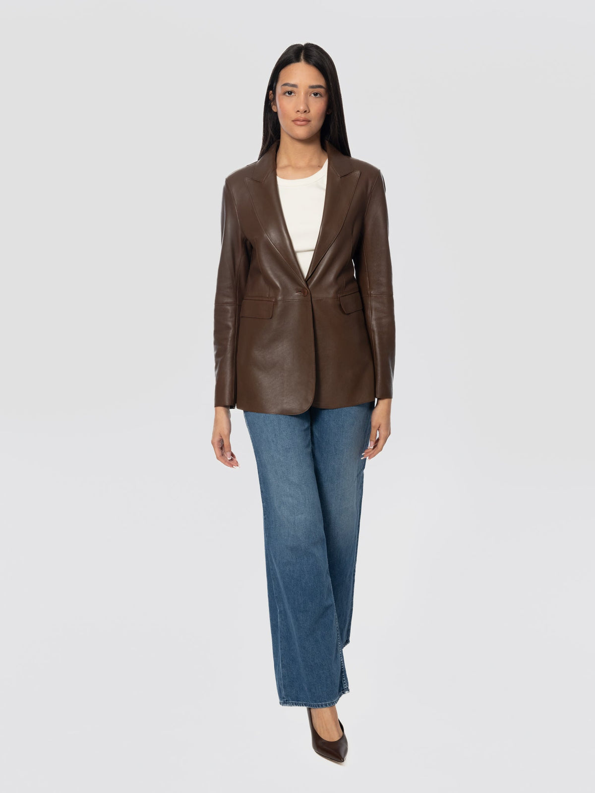 2026 New Arrival Giacca Blazer Mono Bottone in Pelle Marrone