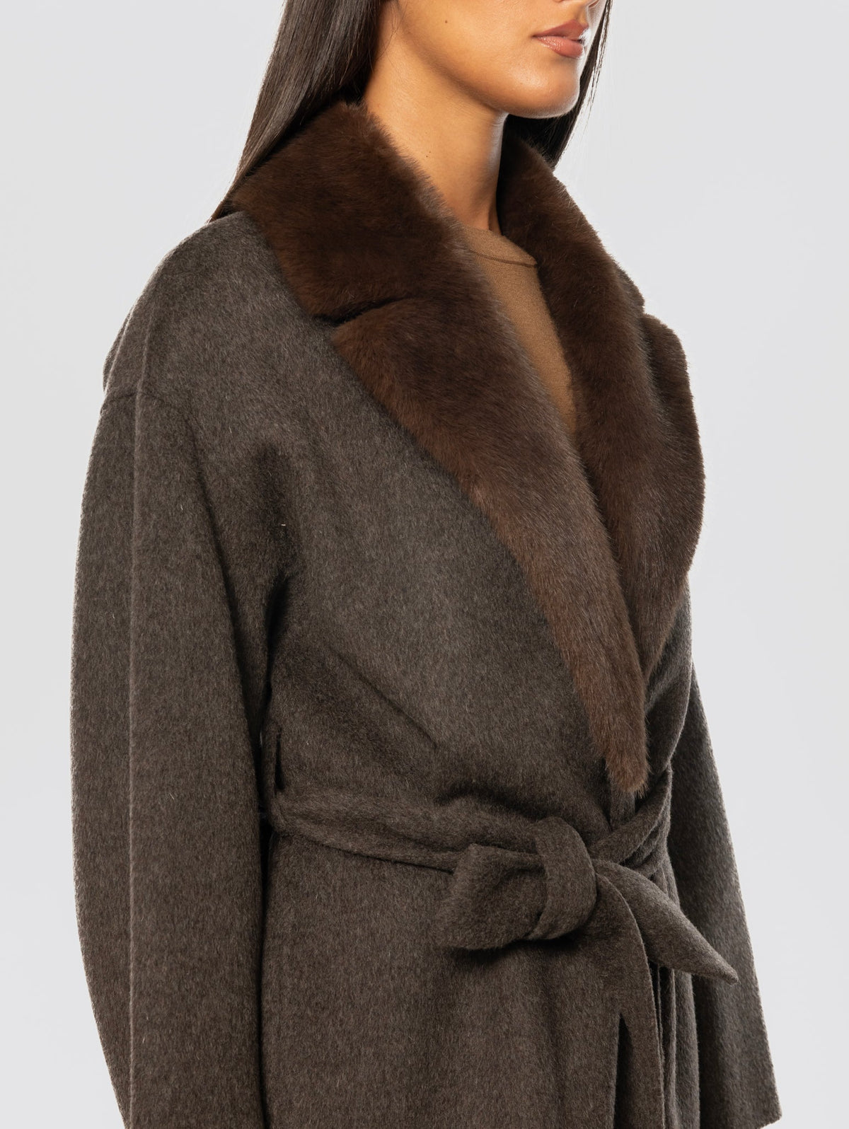 2026 New Arrival Cappotto con Cintura in Lana Marrone