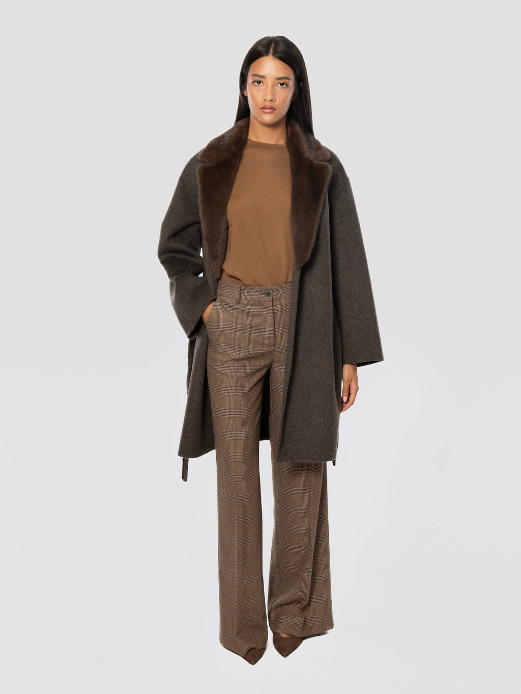 2026 New Arrival Cappotto con Cintura in Lana Marrone