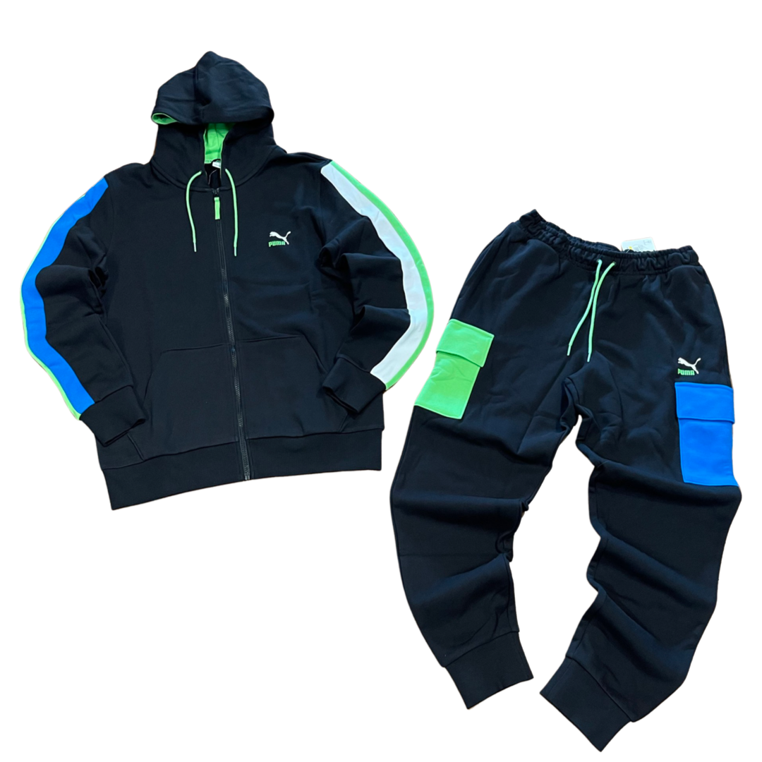 Top Seller Puma CLASSIC  CLSX  ZIP HOODIE SWEATSUIT Men’s - BLACK-GREEN - BLUE