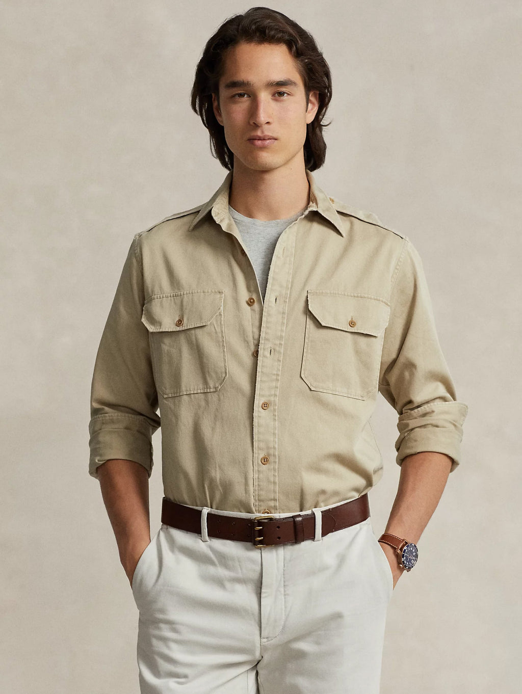 2026 New Arrival Camicia in Twill con Tasche Applicate Khaki