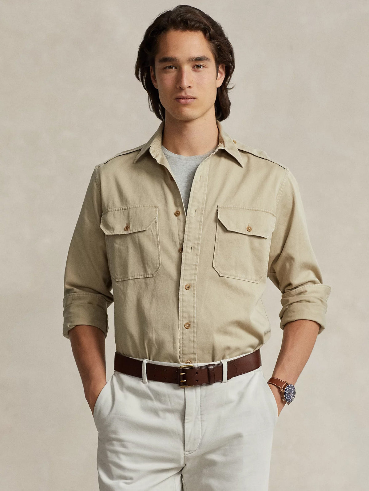 2026 New Arrival Camicia in Twill con Tasche Applicate Khaki
