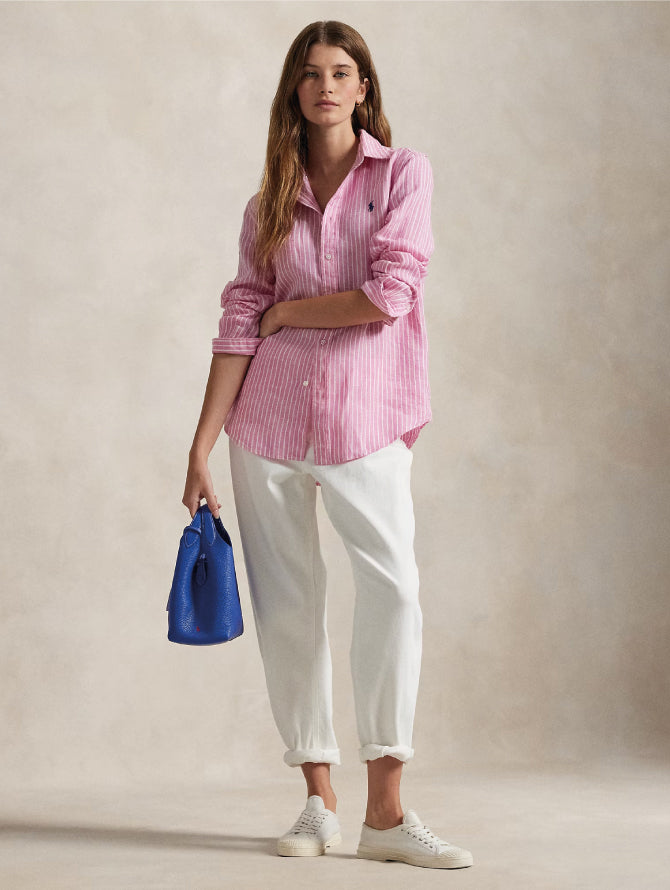 2026 New Arrival Camicia Classic Fit in Lino a Righe Rosa/Bianco