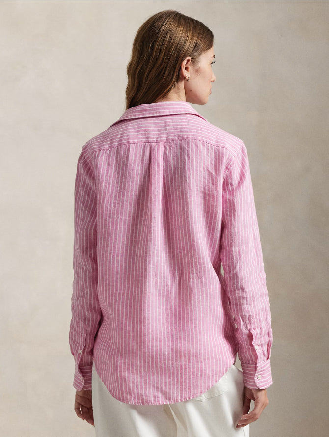 2026 New Arrival Camicia Classic Fit in Lino a Righe Rosa/Bianco