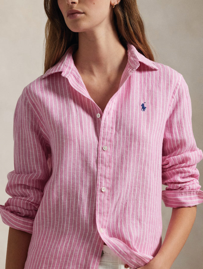 2026 New Arrival Camicia Classic Fit in Lino a Righe Rosa/Bianco