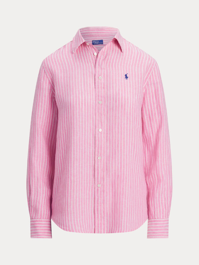 2026 New Arrival Camicia Classic Fit in Lino a Righe Rosa/Bianco