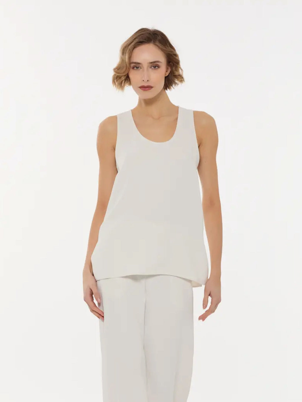 2026 New Arrival Blusa in Cady Girocollo Senza Maniche Panna