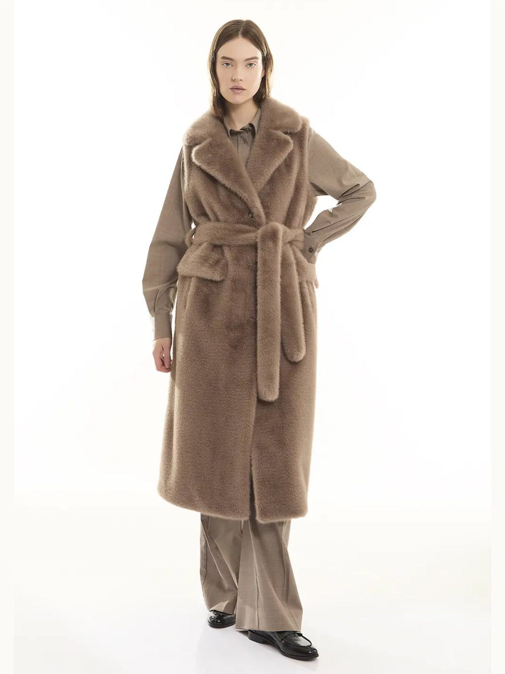 2026 New Arrival Gilet Lungo in Ecopelliccia Tortora