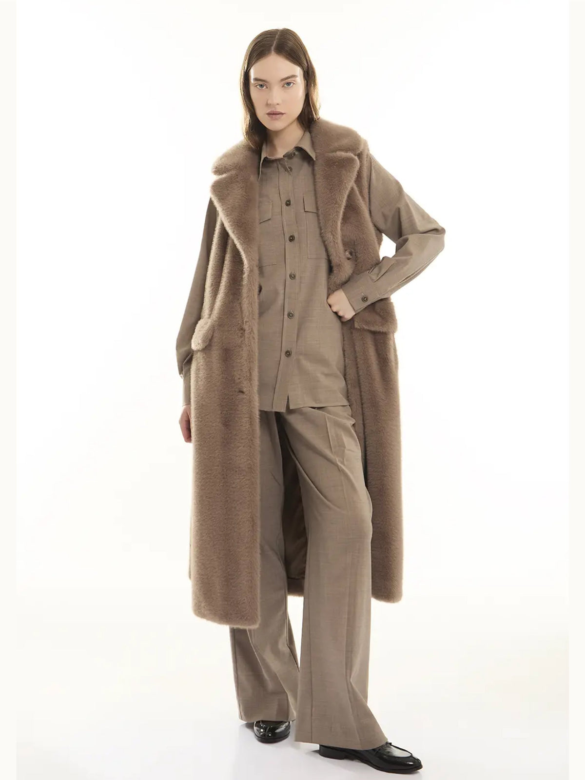 2026 New Arrival Gilet Lungo in Ecopelliccia Tortora