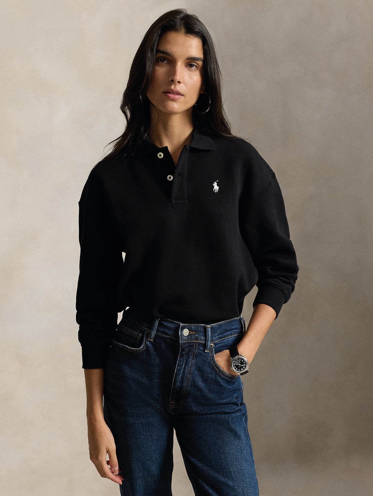 2026 New Arrival Felpa Collo Polo con Bottoni Nera