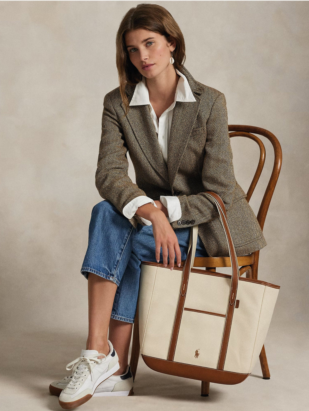 2026 New Arrival Shopper Tote in Tela e Pelle Ecr/Cuoio