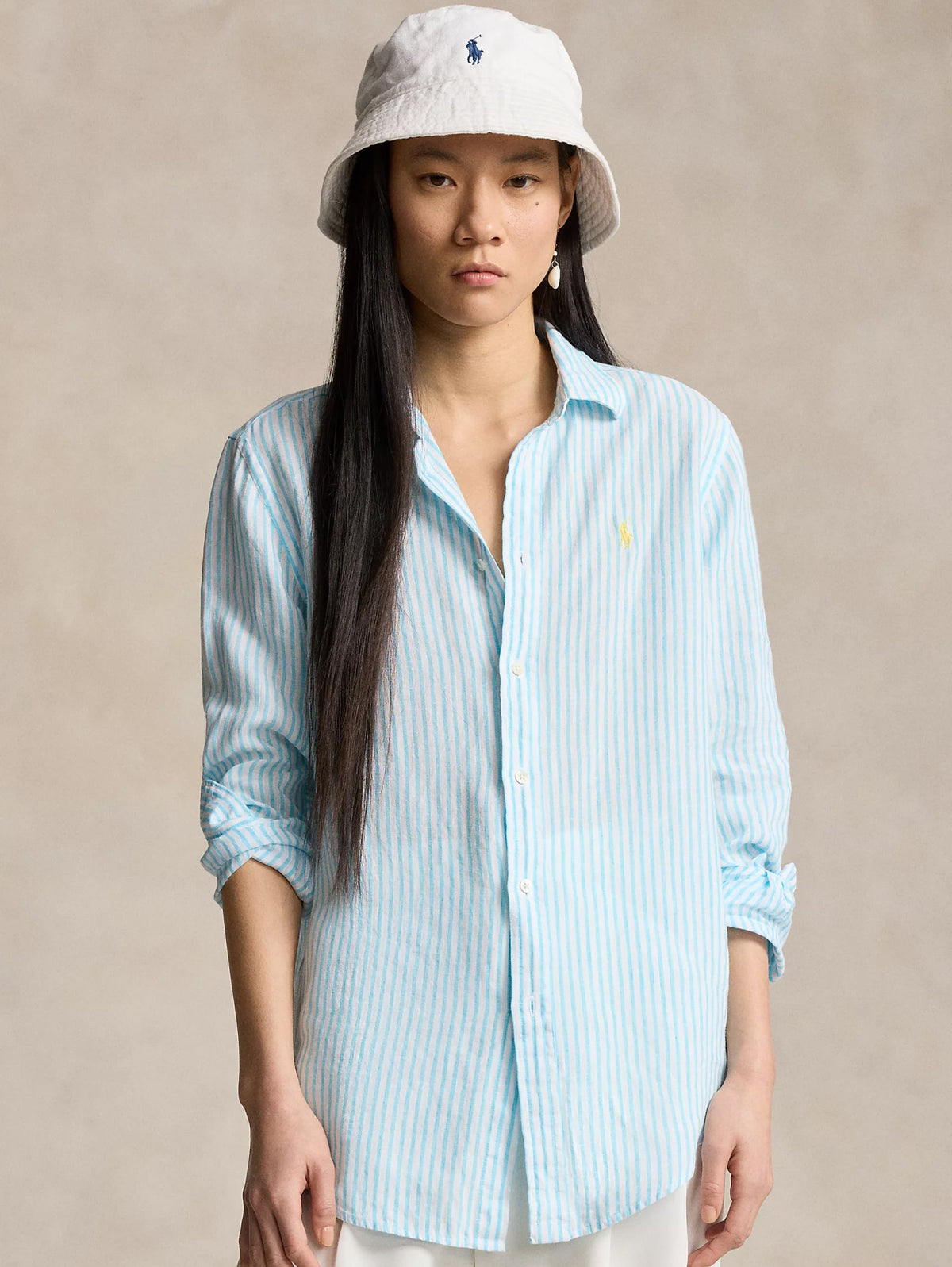 2026 New Arrival Camicia a Righe in Lino Turchese/Bianco