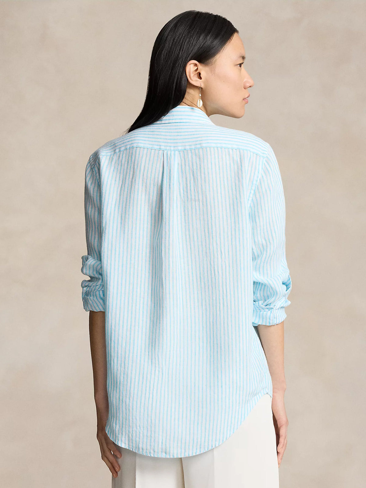 2026 New Arrival Camicia a Righe in Lino Turchese/Bianco