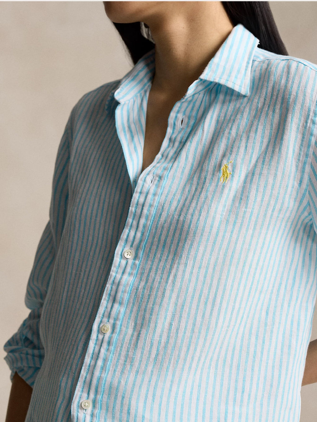 2026 New Arrival Camicia a Righe in Lino Turchese/Bianco
