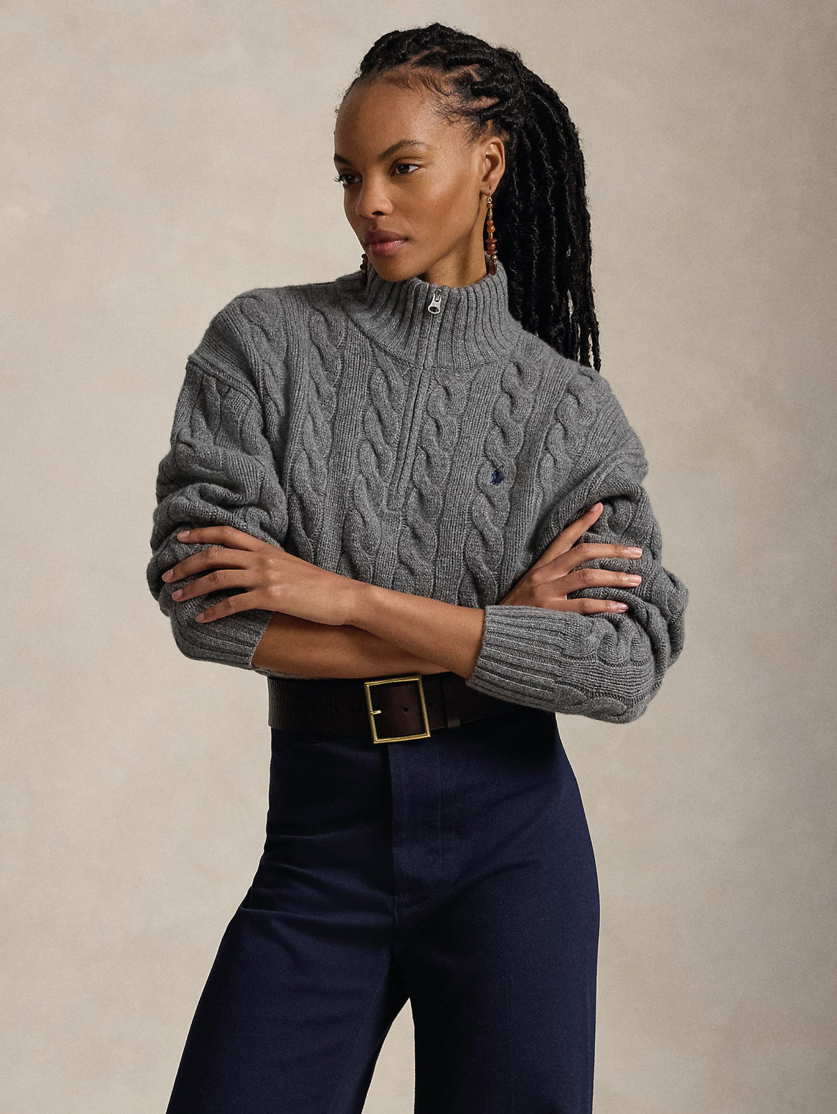 2026 New Arrival Maglia a Trecce in Lana con Mezza Zip Grigio