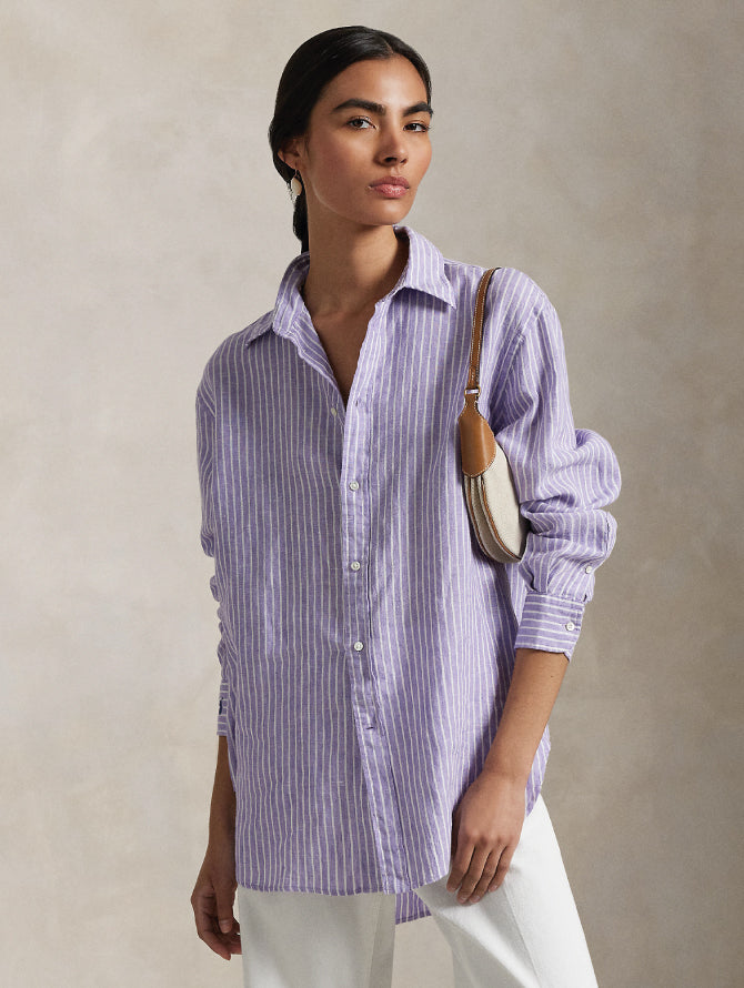 2026 New Arrival Camicia Classic Fit in Lino a Righe Viola/Bianco