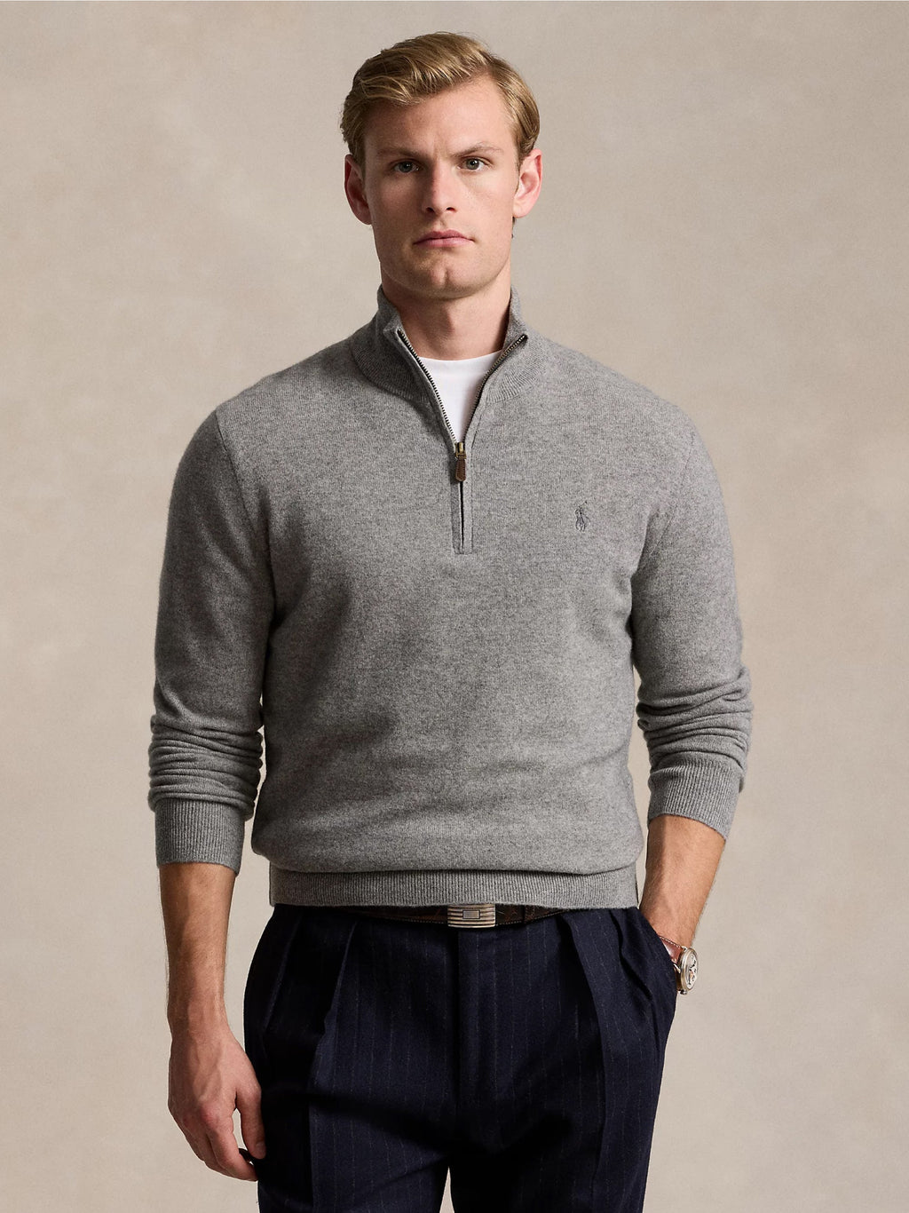 2026 New Arrival Maglia con Mezza Zip in Lana Grigio