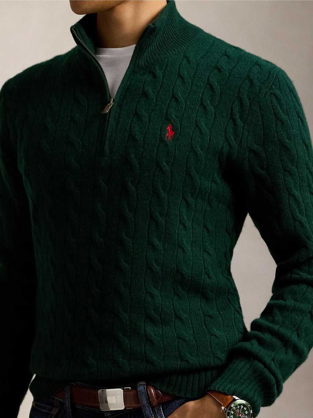 2026 New Arrival Maglia Mezza Zip a Trecce Verde